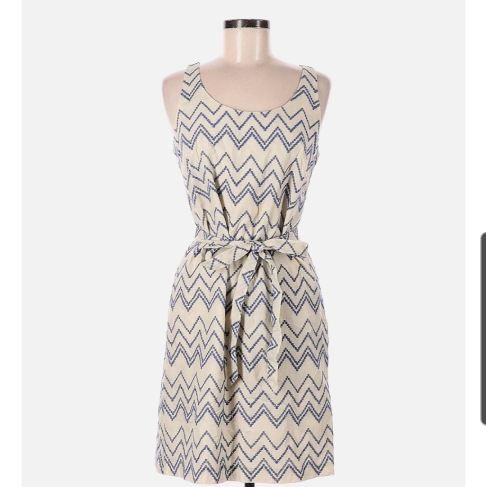 LOFT Blue/ Ecru Chevron EMBROIDERED Eyelet Sheath Dress 100% COTTON
